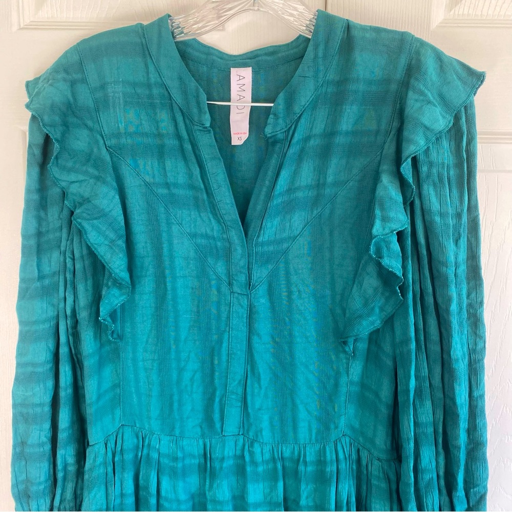 ANTHROPOLOGIE AMADI Rossi Bohemian Tiered Turquoise XS Long Sleeve V Neck Dress